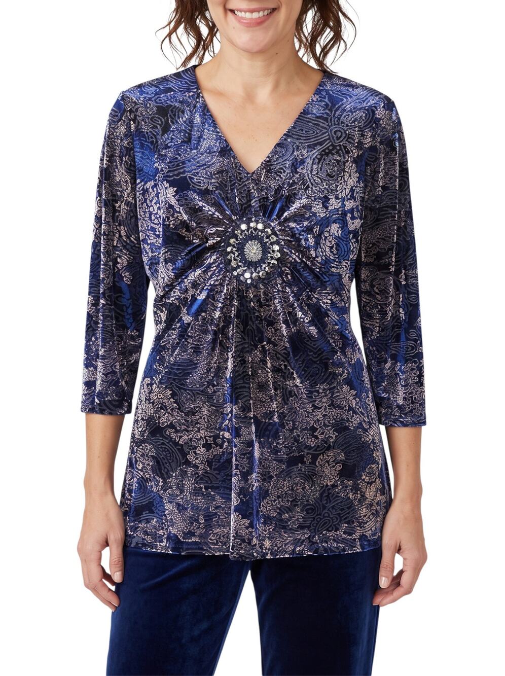 Vintage Y2K 2000's DRESSBARN Blue Velvet Burnout Blouse Top Large